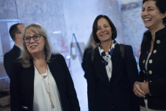 Producing artistic director Maggie Mancinelli-Cahill, left, chats with attendees before a press conference announcing the beginning of the public campaign at the new home of theREP in Livingston Square in Albany Thursday, October 3, 2019.